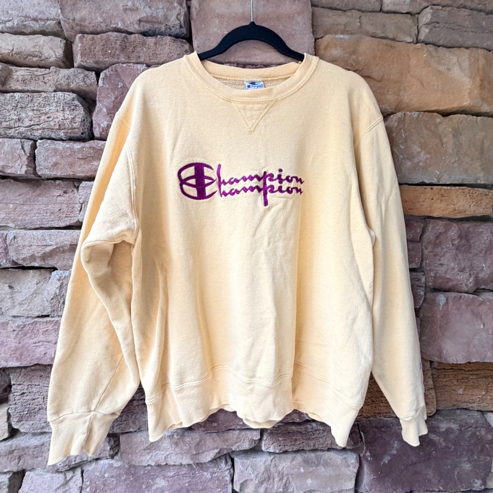 VTG 90s Champion Unisex XL Thick Sweatshirt Embroidered Logo Yellow Streetwear